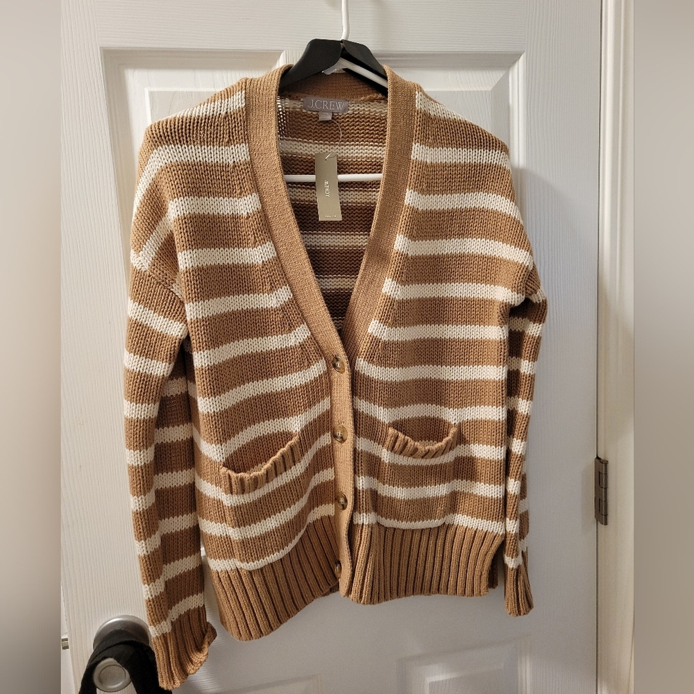 J.Crew Heritage Relaxed Cotton Striped Knit Cardigan Sweater Pockets Camel Tan